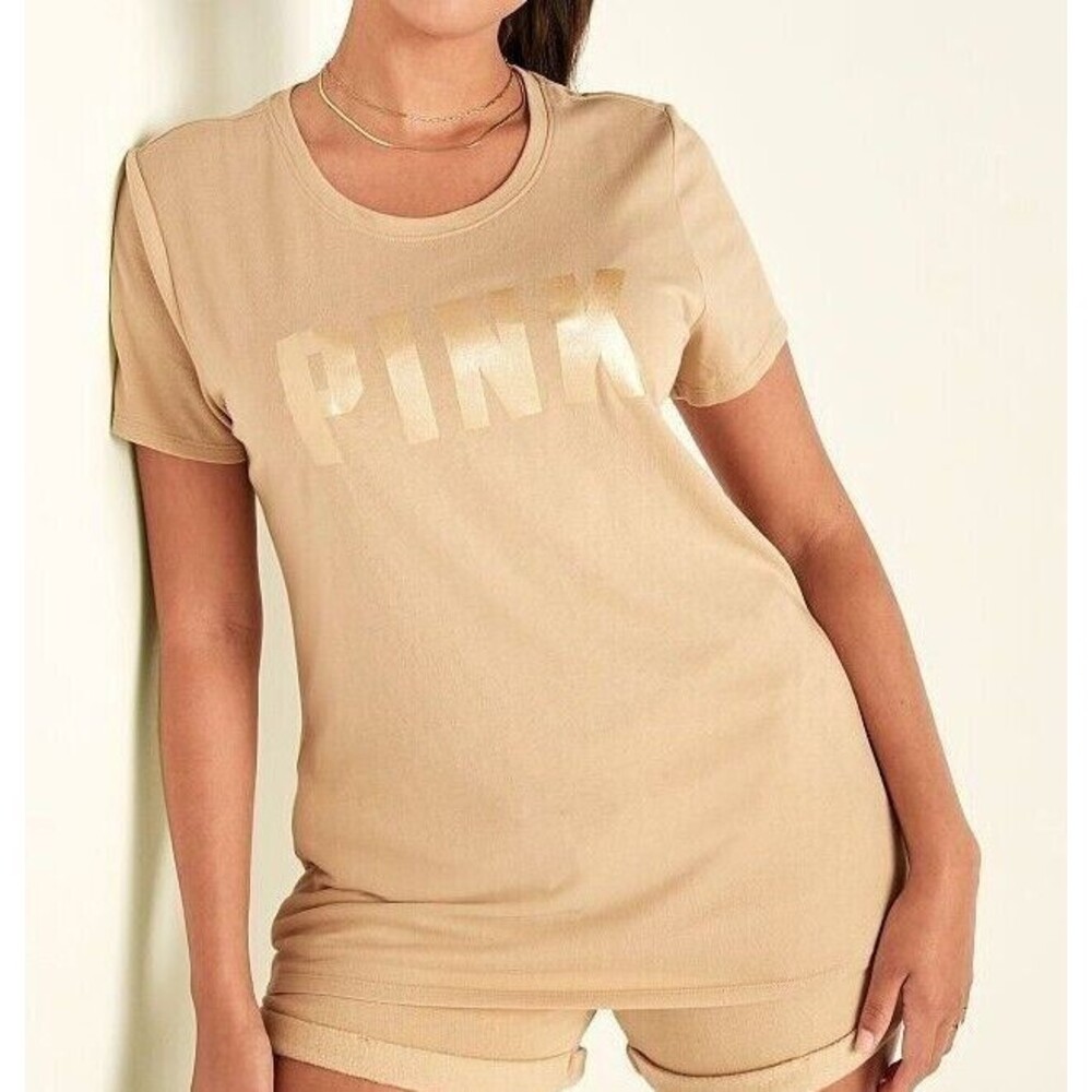 BRAND NEW PINK VS Logo Tee Size 2XL Beige with Metallic Logo~ NWT! Shirt